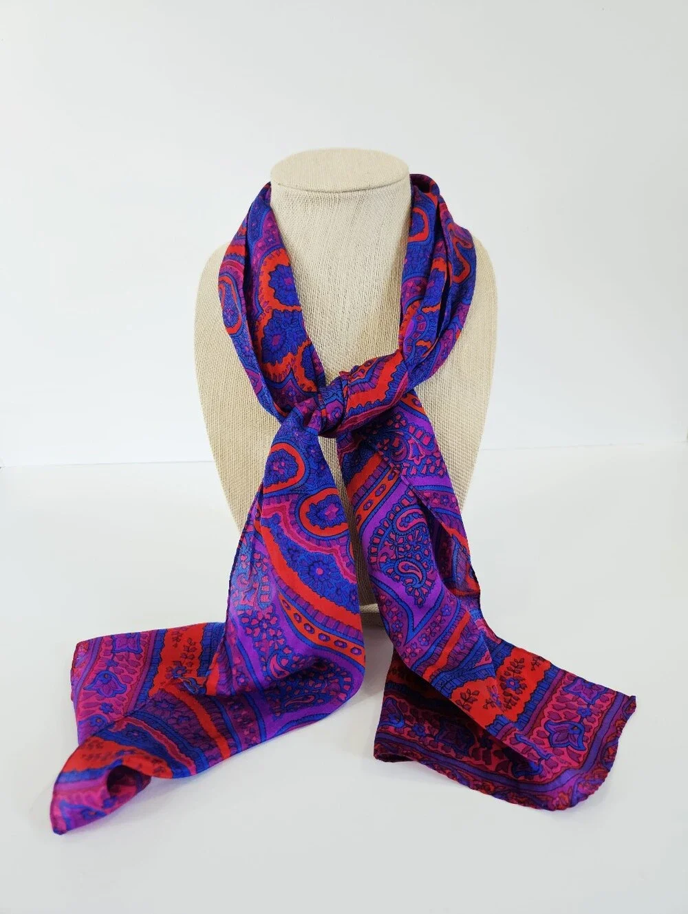Vintage Vibrant Jewel Tone Paisley Mandela Rolled Edge Long Silk Scarf Foulard